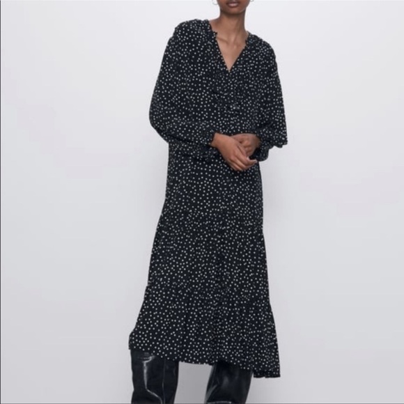 Zara Polka Dot Midi Dress Button Front Loose Flowy Black White Long Sleeves - Picture 1 of 9